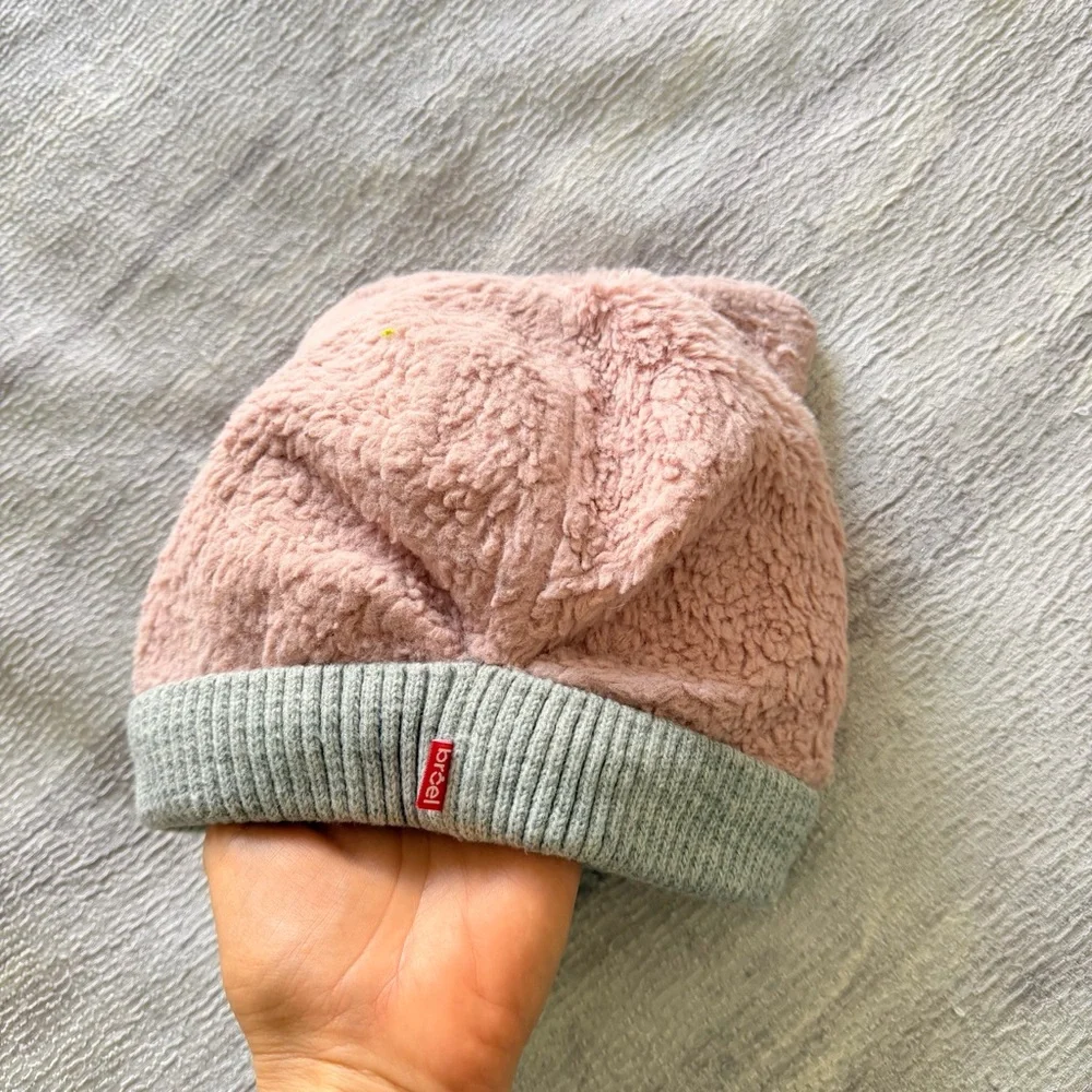 Kids Pink Plush Cat Ear Beanie Hat with Gray Trim, Size 4-6